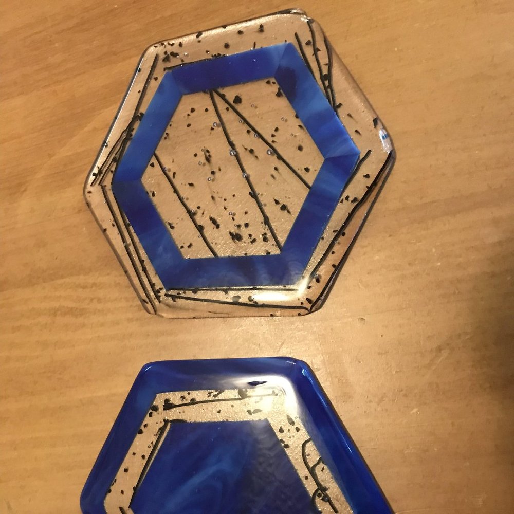 Fused Glass Coaster Set Pair Blue Clear Hexagon